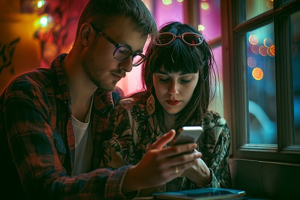 Two people meeting in a public setting